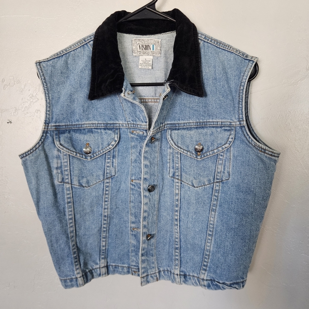 Vision I Vintage Women's Large Sleevelesss Denim Vest with Black Velour Collar